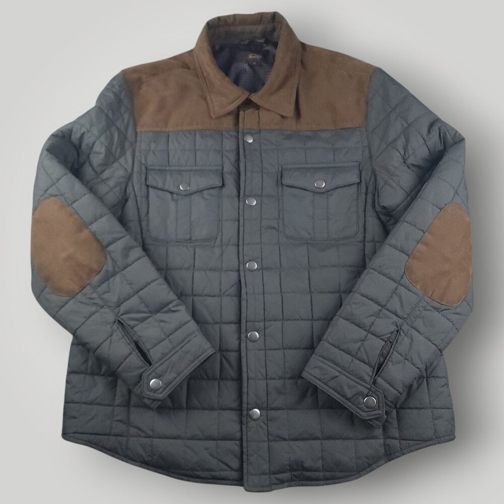 Mens Quilted Nylon Jacket L/XL Gorpcore Elbow Patch Packable Chore Full Snap